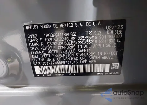 2023 Honda Hr-V Awd Sport z USA, uszkodzony, nr VIN 3CZRZ2H55PM737043